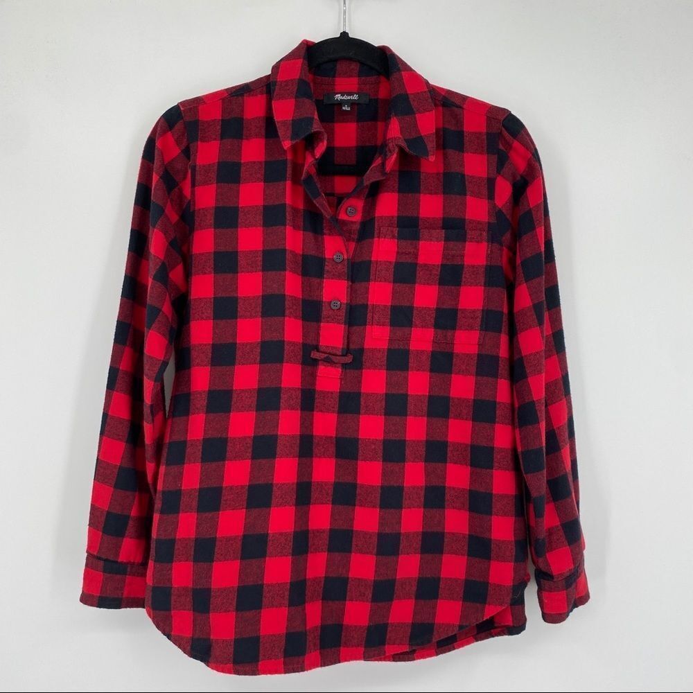 Madewell flannel pop over Buffalo check red black roll up sleeves size small